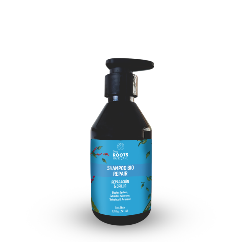 Shampoo Bio 240 ml DEEP ROOTS de la línea Hair Repair, Además de reparar el cabello dañado, emplea los principios de la Tecnología Bioplex para evitar la aparición de frizz y puntas abiertas