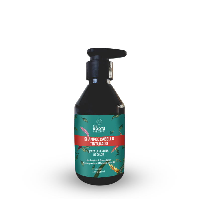 Shampoo Cabello Tinturado DEEP ROOTS COLORS, Además de proteger al cabello de la perdida de color, da textura y suavidad dejando el cabello sano y brillante. 240 ml